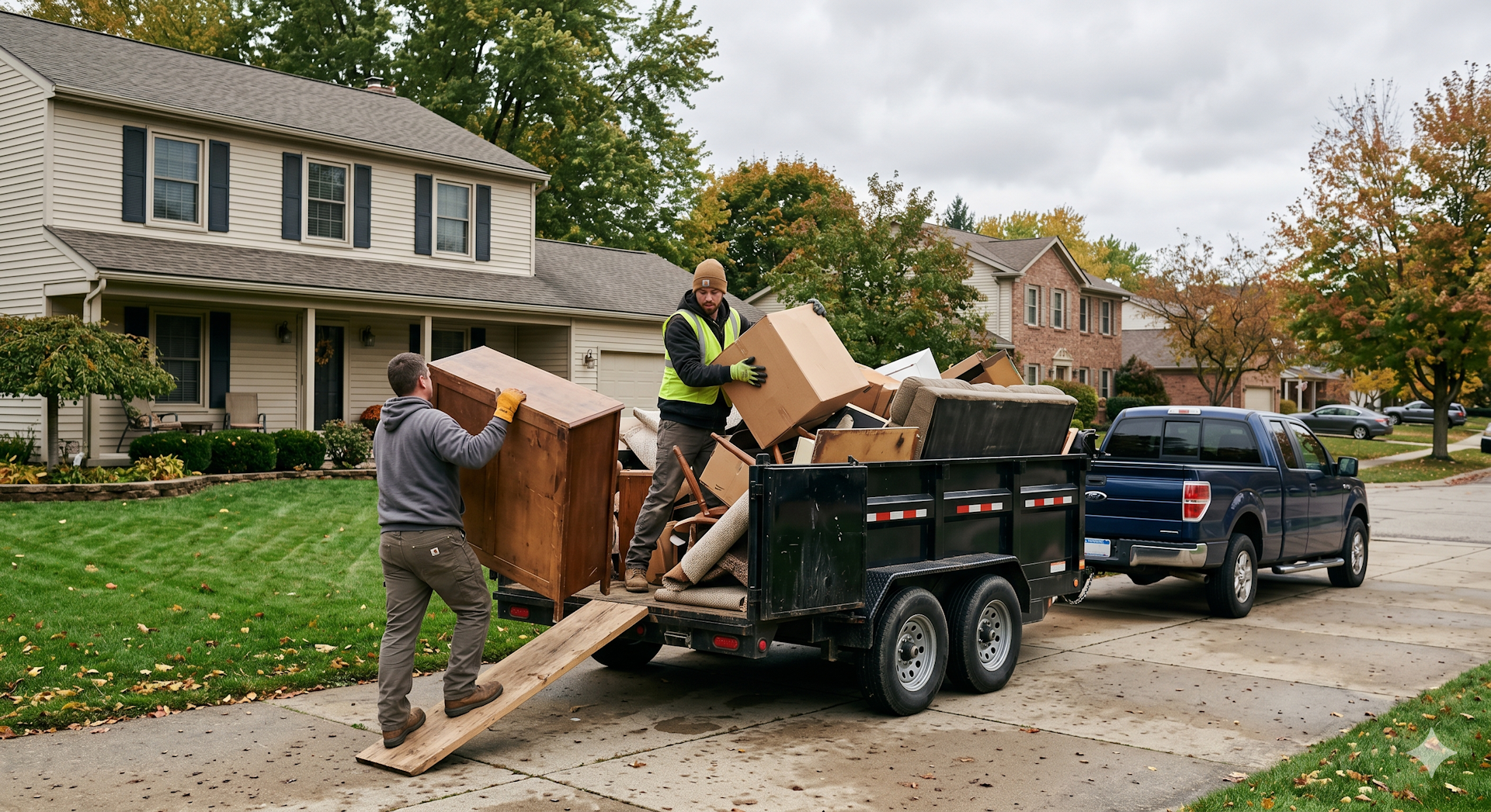 Junk removal crew loading a dump trailer in Canton, MI